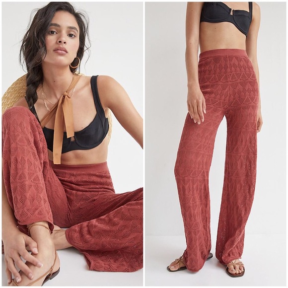 NWT ANTHROPOLOGIE FLAT WHITE POINTELLE WIDE LEG PANTS IN CLAY - Picture 7 of 9